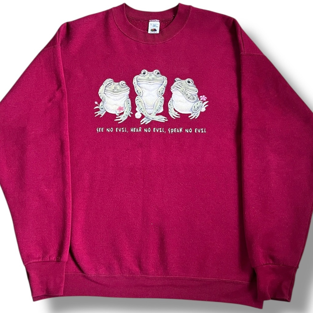 Vtg Frog Hear See Speak No Evil Graphic Sweater Crewneck Sz XL Red FOTL 90s